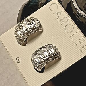 1980s Carolee Silver Filigree Pave And Emerald Cut Crystal Earrings - Clip NWT